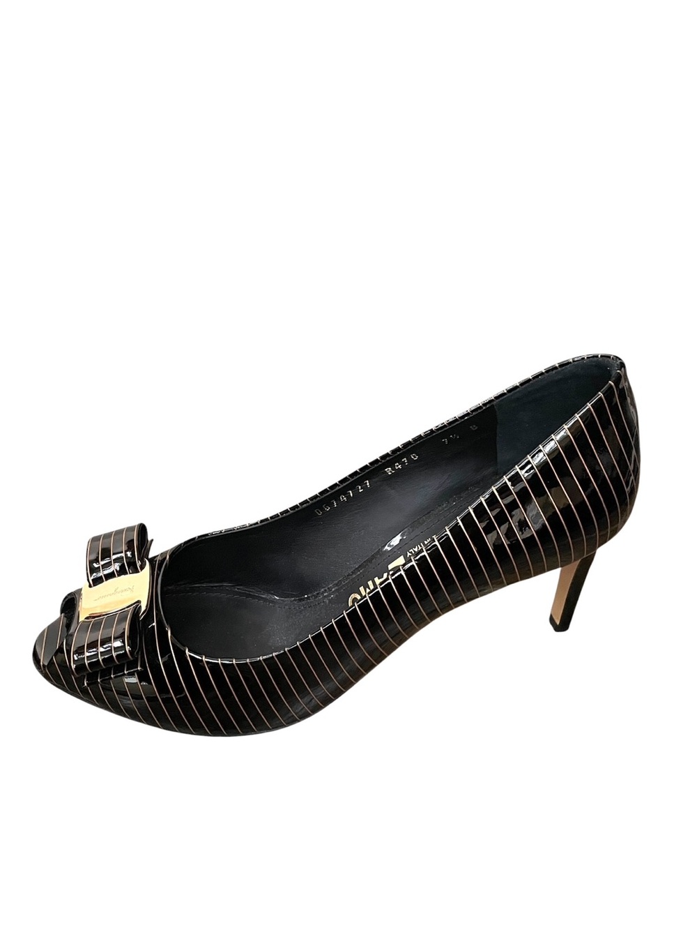 SALVATORE FERRAGAMO Vara Black Striped Patent Leather Bow Peep Toe Heels 7.5